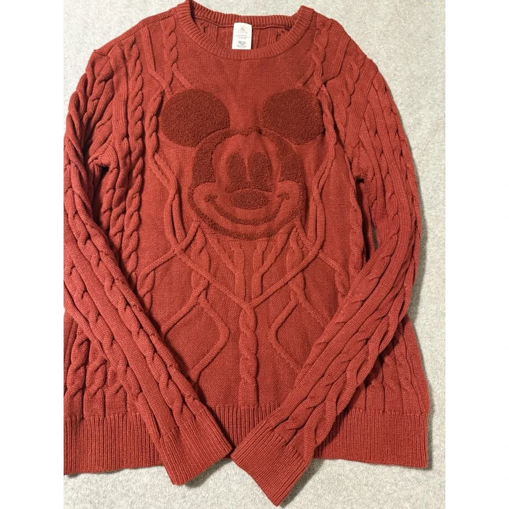 Disney Mickey Mouse Cable Knit Sweater Red Textured Crewneck Holiday Heavy Large